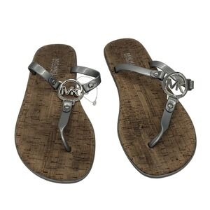 Michael Kors Women's MK Logo Silver Gray Thong Flat Sandals Size 9M Cork Pattern